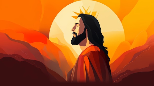 jesus is standing in front of an orange background