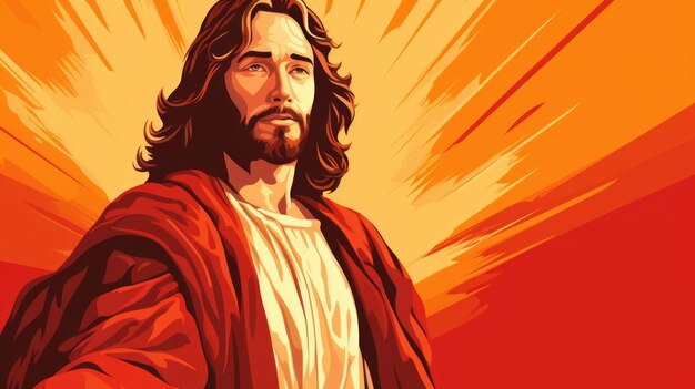 Jesus is standing in front of an orange background