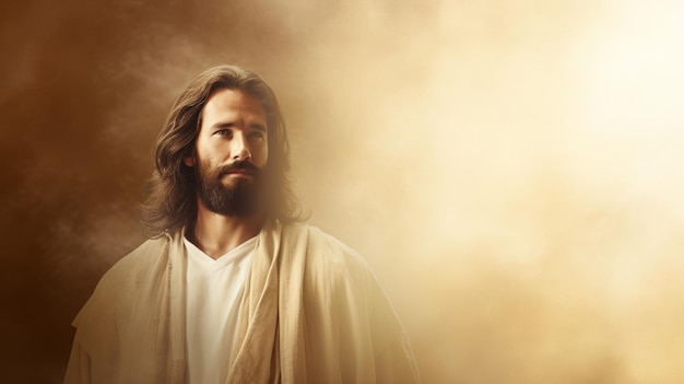 jesus is standing in front of a smokey background