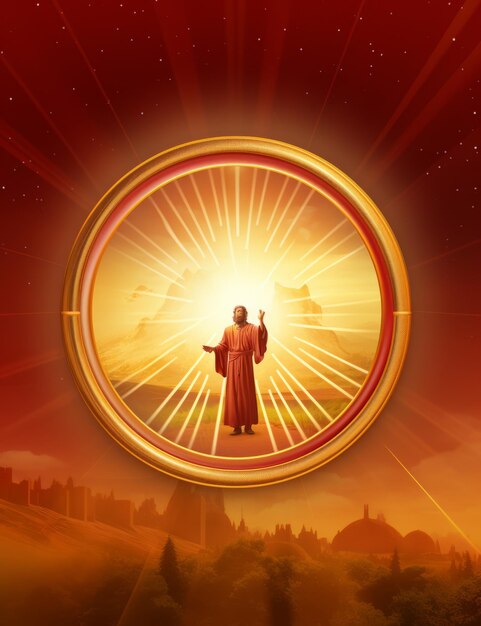 Photo jesus is standing in front of the sun with a red background