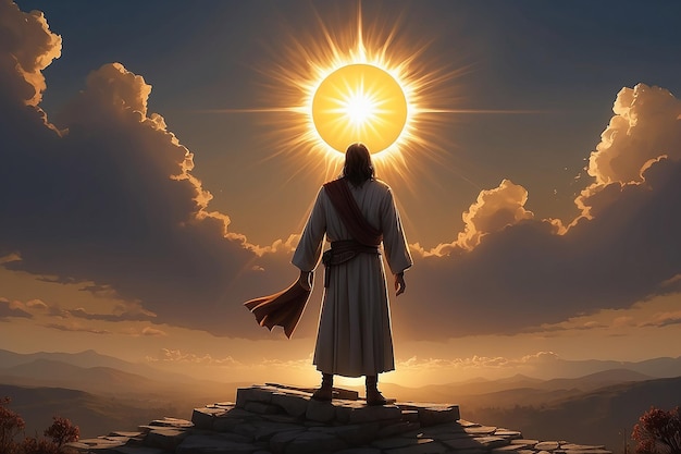 Иисус стоит перед солнцем, а солнце за ним.