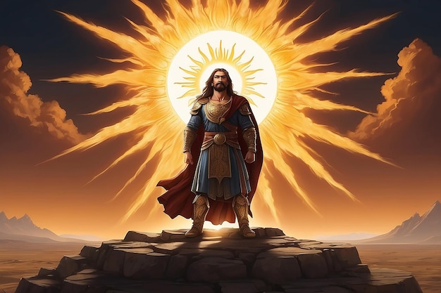 Jesus is standing in front of a sun with the sun behind him