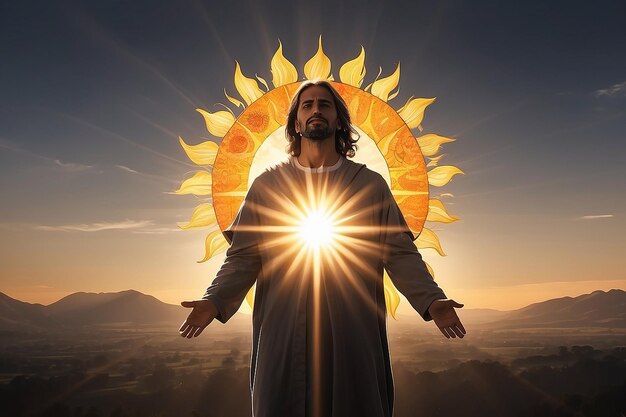 Jesus is standing in front of a sun with the sun behind him