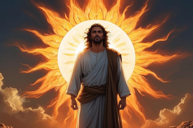 Jesus is standing in front of a sun with the sun behind him