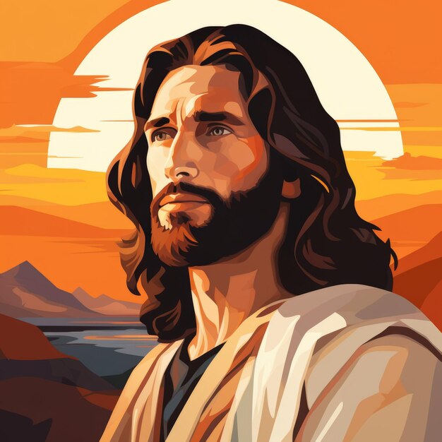 Jesus is standing in front of a sunset with mountains in the background