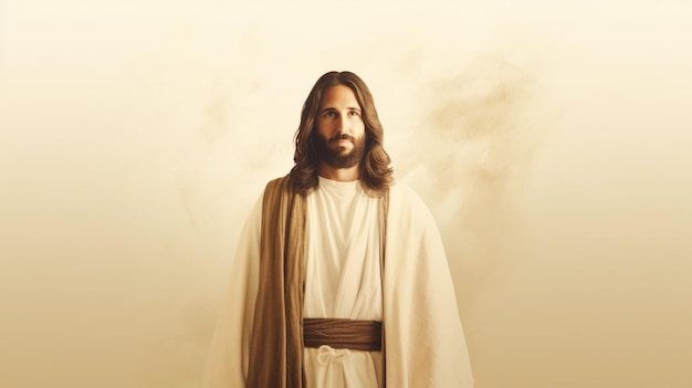 jesus is standing in front of a white background
