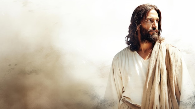 jesus is standing in front of a white background