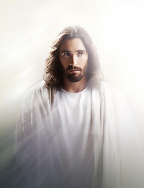 jesus is standing in front of a white background