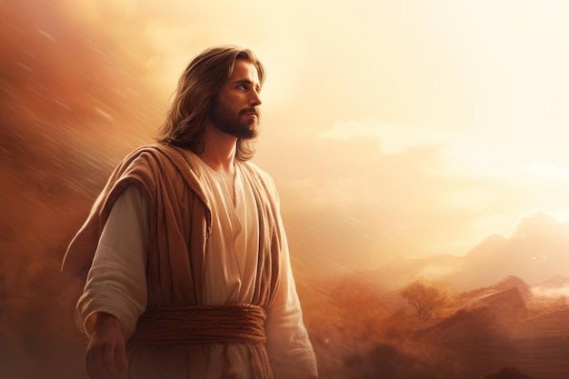 Jesus is standing in the middle of the desert with the sun in the background