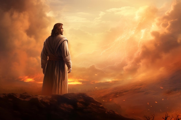 写真 イエスは崖の端に立って空を眺めている