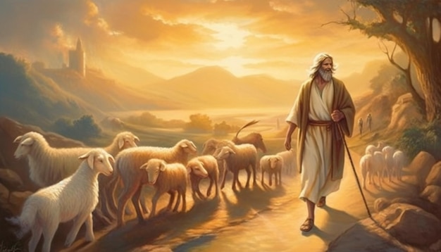 Photo jesus is walking in the meadow with the sheep jesus is shepherding generative ai