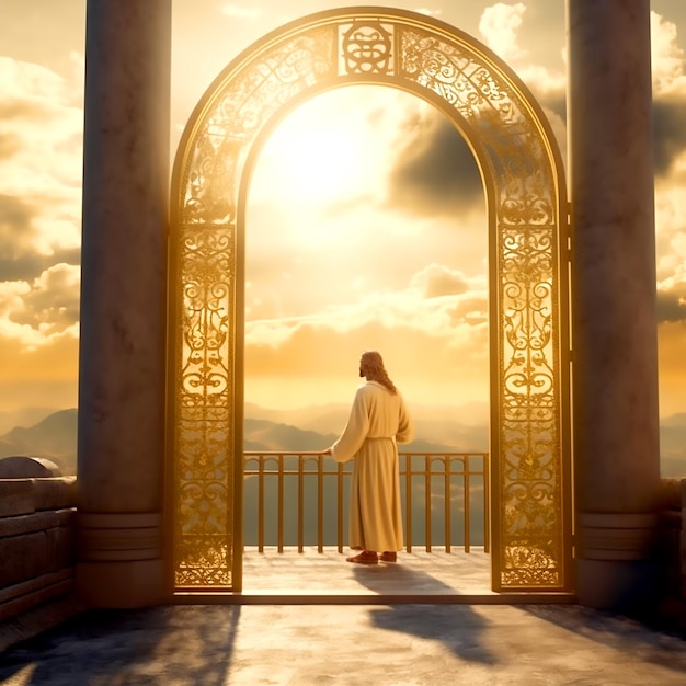 イエスは天国の門の抽象的な光の中で優しい目で見守っています