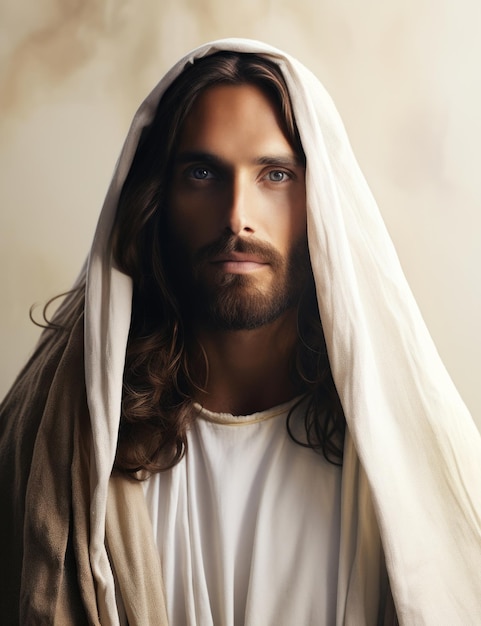 jesus is wearing a white robe and has long hair