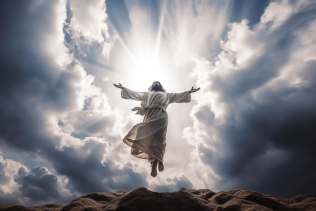 Jesus jumps into the sky with his arms outstretched