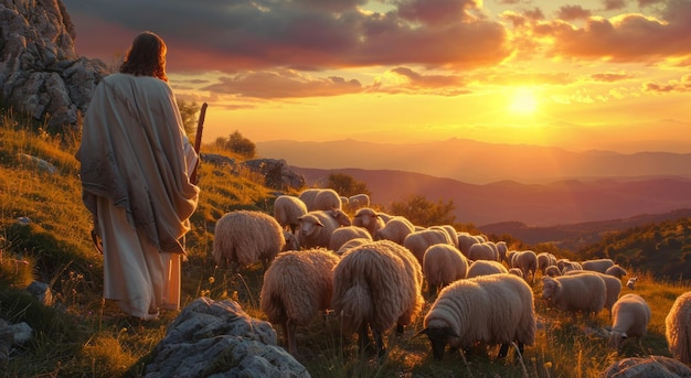 jesus looking at his sheep on sunset