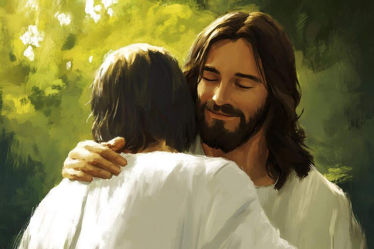Photo jesus lovingly embraces a person in a peaceful garden