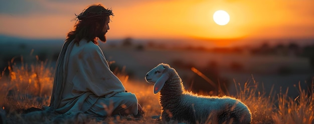 Photo jesus lovingly watches over a single lost lamb in the sunset concept christianity biblical imagery jesus christ lost lamb sunset landscape