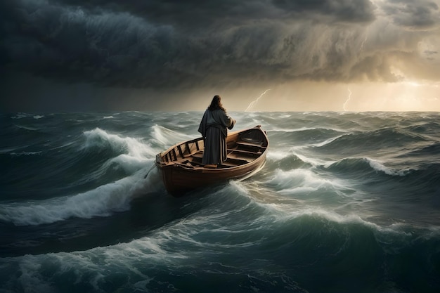Photo jesus miraculously walks on water and calms the stormy sea