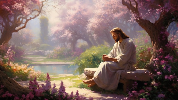 祈りの中のイエス 平和で穏やかな風景