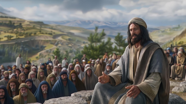 写真 イエス は 信者 たち の 群衆 に 主 の 言葉 を 宣べ伝え て い ます