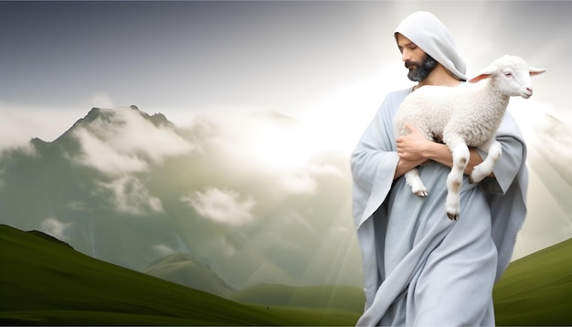 Jesus recovered the lost sheep carrying it in his arms Biblical story conceptual theme