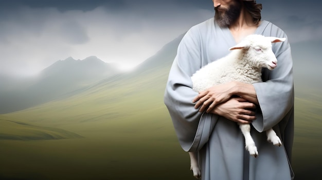 Иисус восстановил потерянную овцу, неся ее на руках Библейская история концептуальная тема