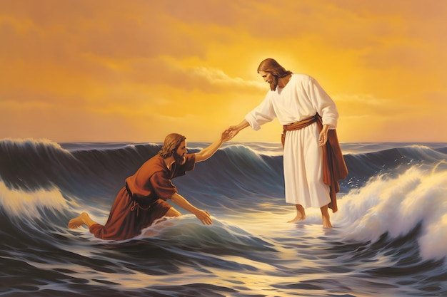 Jesus rescuing drowned Peter at the sea during storm