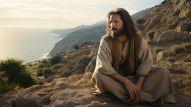 Иисус в одежде сидит на каменном побережье, усеянном кустами против святого моря на восходе солнца