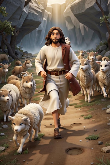 Иисус бежит к волку и ягненку