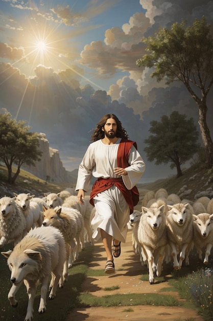 Jesus running towards wolf and lamb