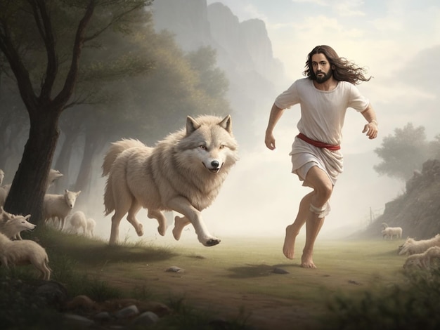 Jesus running towards wolf and lamb