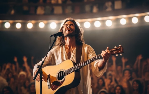 예수가 콘서트에서 노래하는 기독교 예배 개념 생성 AI