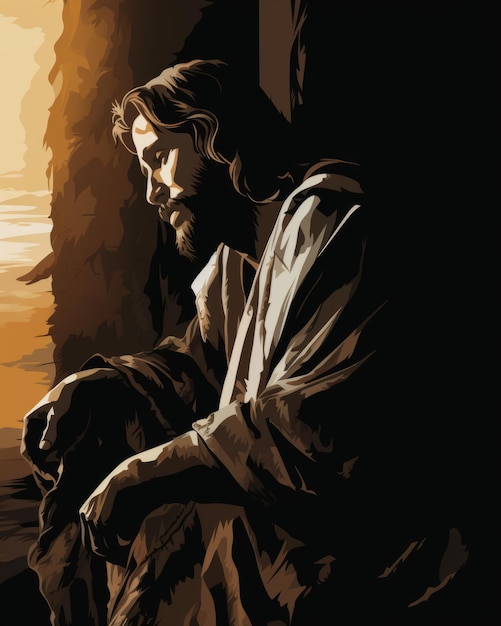 jesus sitting in a cave with the sun behind him