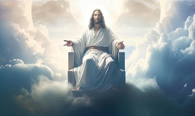 Jesus sitting in the clouds with his arms outstretched