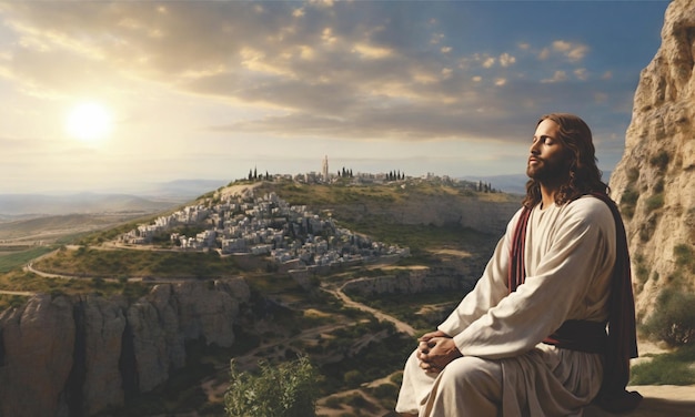 Photo jesus sitting on the rock meditating