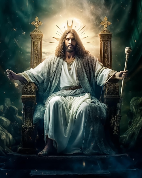 Jesus sitting on a throne with a staff in his hand