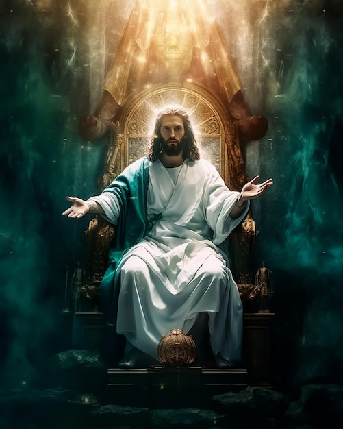 Jesus sitting on a throne with the sun behind him