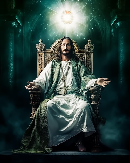 Jesus sitting on a throne with the sun behind him