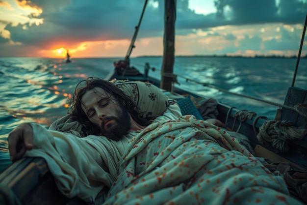 Jesus sleeping on a boat