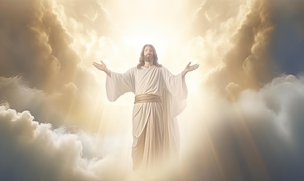 Jesus standing in the clouds with his arms outstretched