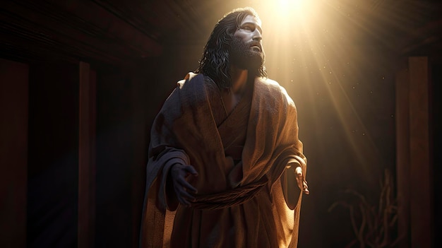 Jesus standing in the dark with the light shining on him