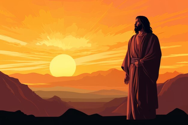 jesus standing in the desert at sunset with mountains in the background