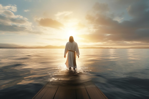 Jesus standing on a dock in the water