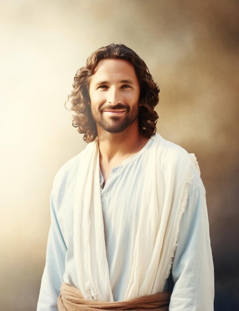 Photo jesus standing in front of a blue sky