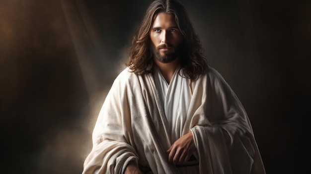 jesus standing in front of a dark background