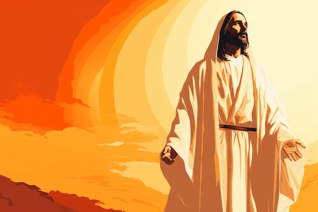 Jesus standing in front of an orange sunset