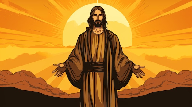 Jesus standing in front of the sun with his arms outstretched