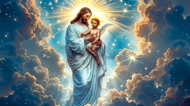 写真 雲の中に立っているイエス 聖なる光 赤ちゃんを腕に抱いて