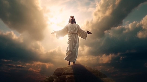 Jesus standing on a rock with the sun behind him