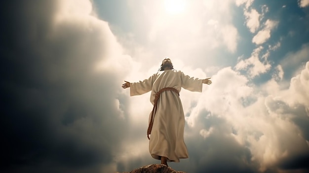 Jesus standing on a rock with the sun behind him